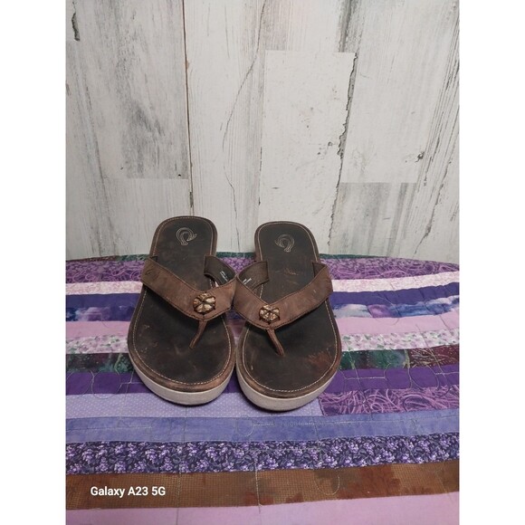 OLUKAI ~ Women's “Melia” Brown Leather Wedge Platform Flip Flop Sandals Size 8 - Picture 3 of 8